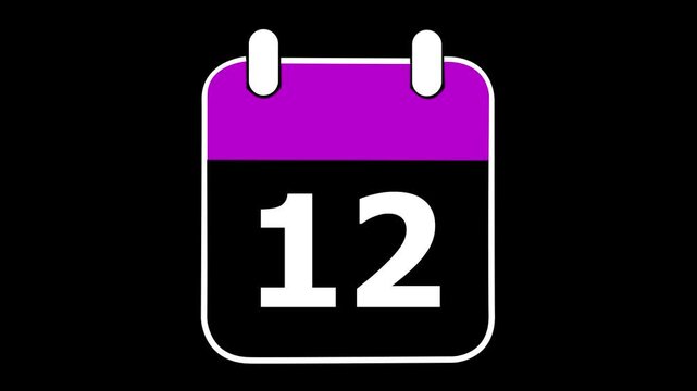 Digital Calendar Icon Displaying Date 12 with Purple Header and White Outline on Black Background