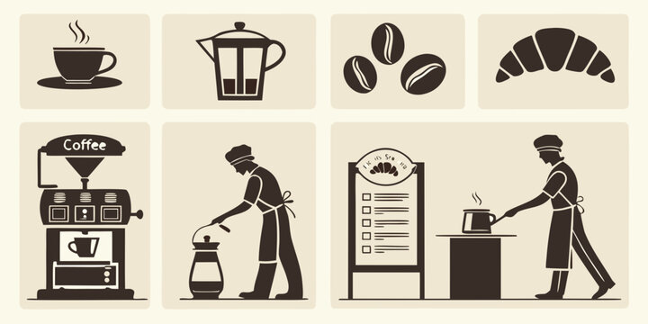 A person working in a cafe with various coffee-making equipment and a customer Vector