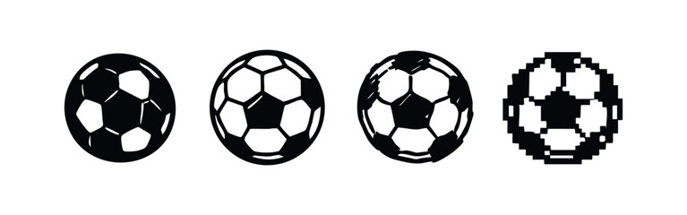 Fototapeta premium Soccer Ball Icons in Multiple Graphic Styles: Solid, Outline, Textured, and Pixel Art.