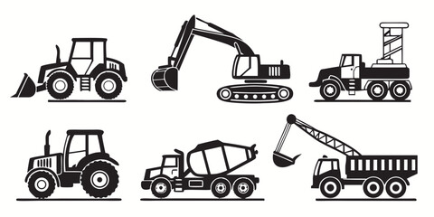 A diverse collection of heavy machinery and construction equipment in black and white Vector © RABBI