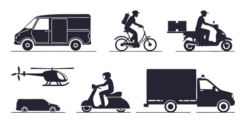 A diverse collection of vehicles and transportation methods illustrated in a simple line art style. Vector © RABBI