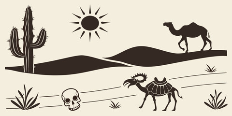 Desert scene with camels, cacti, and various animals under a bright sun Vector © RABBI