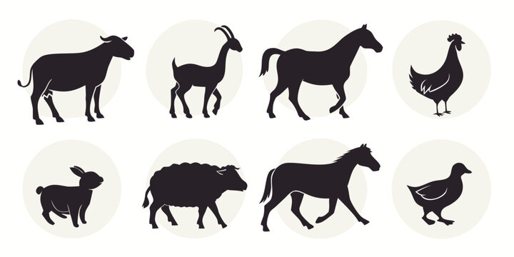 A diverse collection of farm animals including sheep, cows, chickens, and pigs Vector