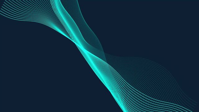 Cool teal flowing light lines forming an intricate abstract pattern against a dark navy blue background conveying a sense of calm, technology, and fluid motion