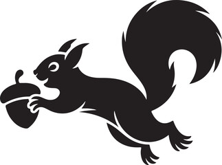 Black silhouette of a happy squirrel holding an acorn in its paws, jumping with a bushy tail © Nurcreator