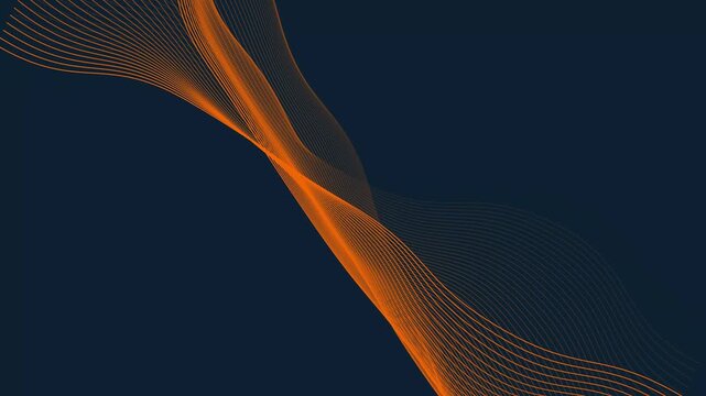 Abstract flowing bright orange wavy lines forming a dynamic cross shape against a deep navy blue background with subtle gradient and light effects creating depth and movement
