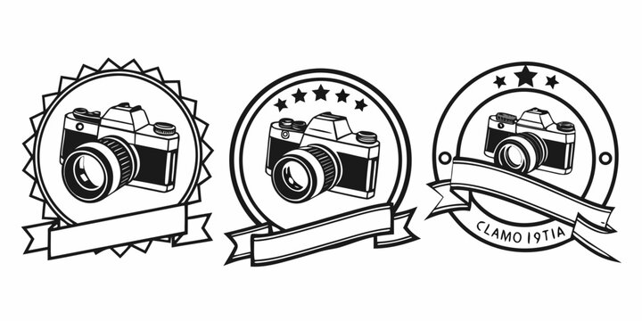 Three vintage cameras with ribbons and badges showcasing different styles and designs. Vector