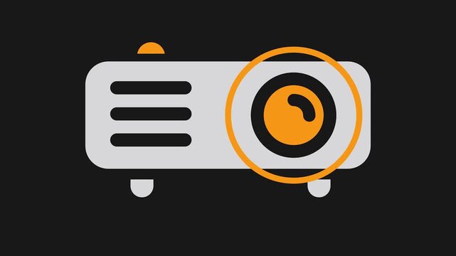 Projector Icon on Black Background: A close-up view of a projector icon on a black background, perfect for use in presentations, educational materials, or tech-related designs. Emphasizing simplicity.