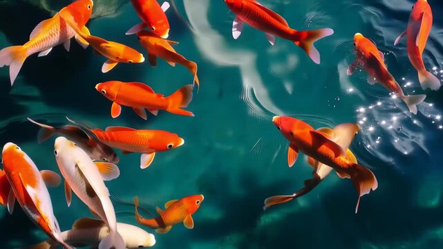 Colorful koi fish swim in clear water at a pond during sunny weather in a garden setting