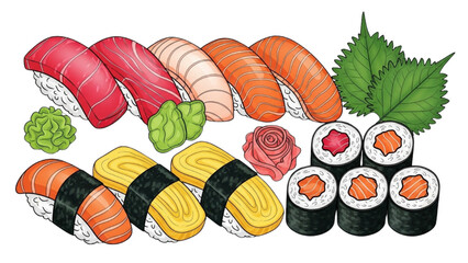 High-quality black outline colorful illustration of sushi platter top view with vibrant fish slices and garnish, minimal clean layout