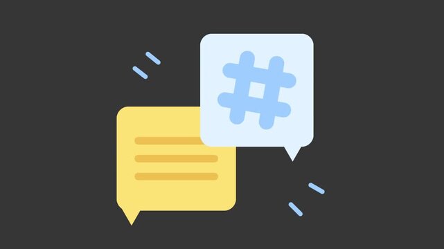 Hash Tag Dialogue: Two speech bubbles, one with lines and the other with a hash tag, illustrate communication within the social media realm. These bubbles floating against a dark backdrop.