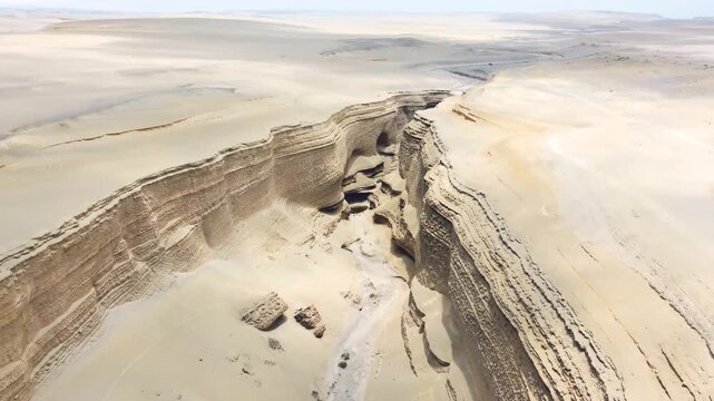 Drone aerial view,Ca&ntilde;on del Zapa (known as The Canyon of the Lost) is located, in the area called Montegrande, in Ica Peru, blue sky 4K