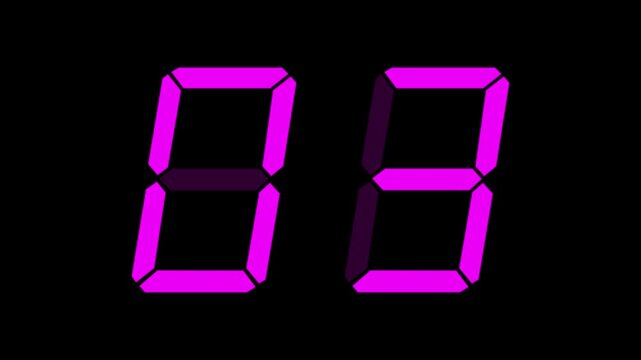 Magenta digital clockface with 2 large digits. 30 seconds digital timer. Purple digits on black. Retro digital alarm clock animation element, clean digital clock on black background