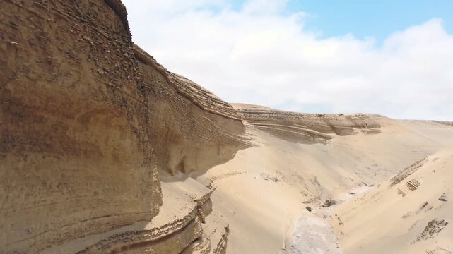 Drone aerial view,Ca&ntilde;on del Zapa (known as The Canyon of the Lost) is located, in the area called Montegrande, in Ica Peru, blue sky 4K.