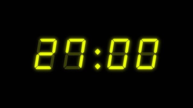Yellow digital clockface with 4 digits. 30 seconds digital countdown timer. Glowing yellow digits on black background. Retro digital alarm clock animation element, digital clock on keyable background