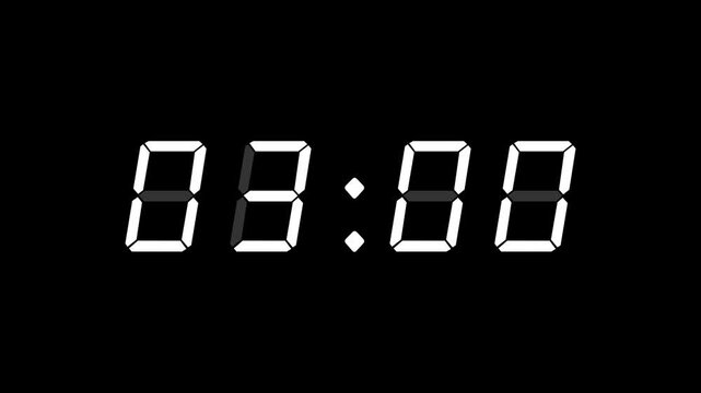 4-digit, 30 second digital clock counting up from zero, with seconds and milliseconds. White digits on black background. Retro digital alarm clock with glow and light noise