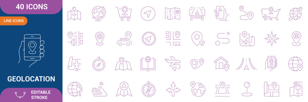 Geolocation Icons Set. geo location, GPS, location pin, map, navigation, tracking, coordinates, compass, route and etc. Editable stroke. Vector illustration