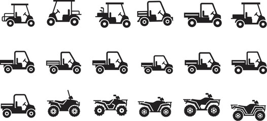 Black silhouette icons of golf carts, utility terrain vehicles, and all‑terrain vehicles arranged in grid, representing recreational transport, off‑road design,  © MdArif