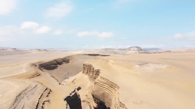 Drone aerial view,Ca&ntilde;on del Zapa (known as The Canyon of the Lost) is located, in the area called Montegrande, in Ica Peru, blue sky 4K.