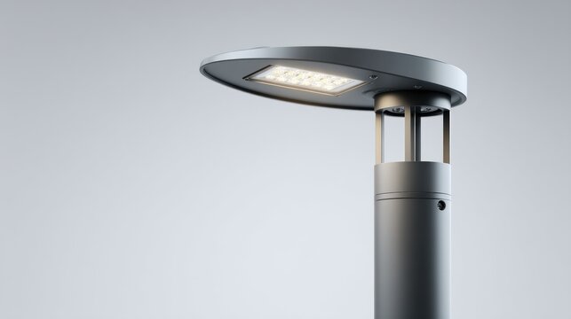 Modern, gray outdoor LED light fixture with circular head and cylindrical post