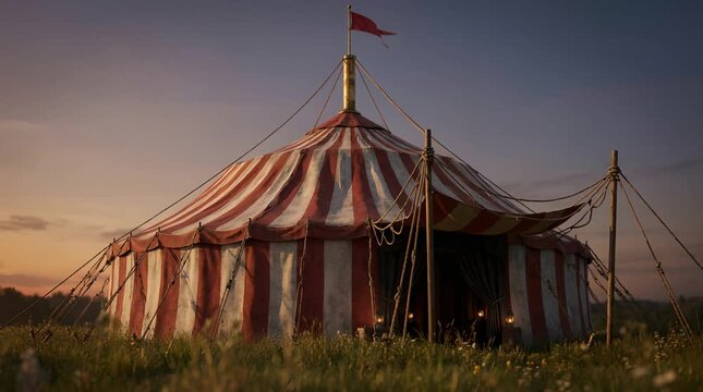 Grand Red And White Striped Circus Tent At Twilight In Rural Field With Glowing Lights