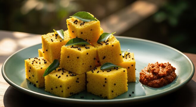 Glutenfree vegan fermented dhokla cubes with mustard seeds and chutney for healthy breakfast