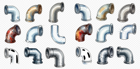 Set of metal pipe elbow joints with various textures and conditions on a transparent background.