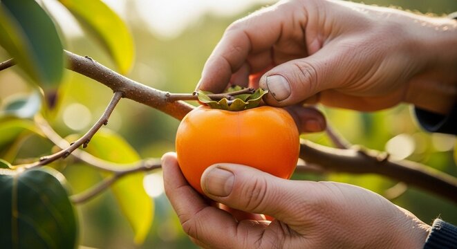 Hands carefully plucking a ripe orange persimmon fruit from the tree branch in a lush green orchard