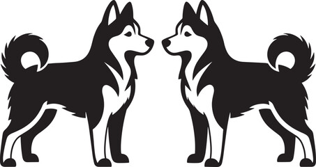 Black and white silhouette illustration of two symmetrical dogs facing each other, stylized husky or malamute design concept for logos, decorative art, and stock imagery use. © MdArif