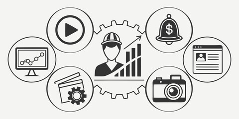 Diverse icons representing various aspects of business and technology Vector