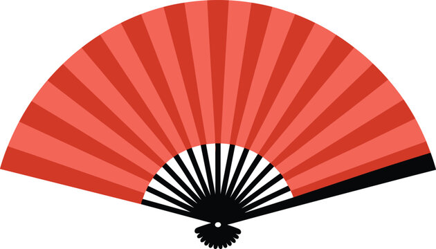 Detailed realistic red hand fan vector illustration traditional folding fan with silk gradient and bamboo ribs premium oriental art isolated on white