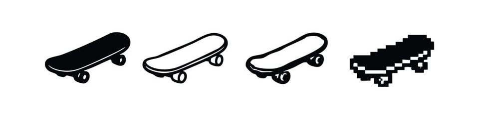 Stylish skateboard graphic icons: classic solid, clean outline, artistic hand-drawn, and pixelated renditions. © liubomir118809