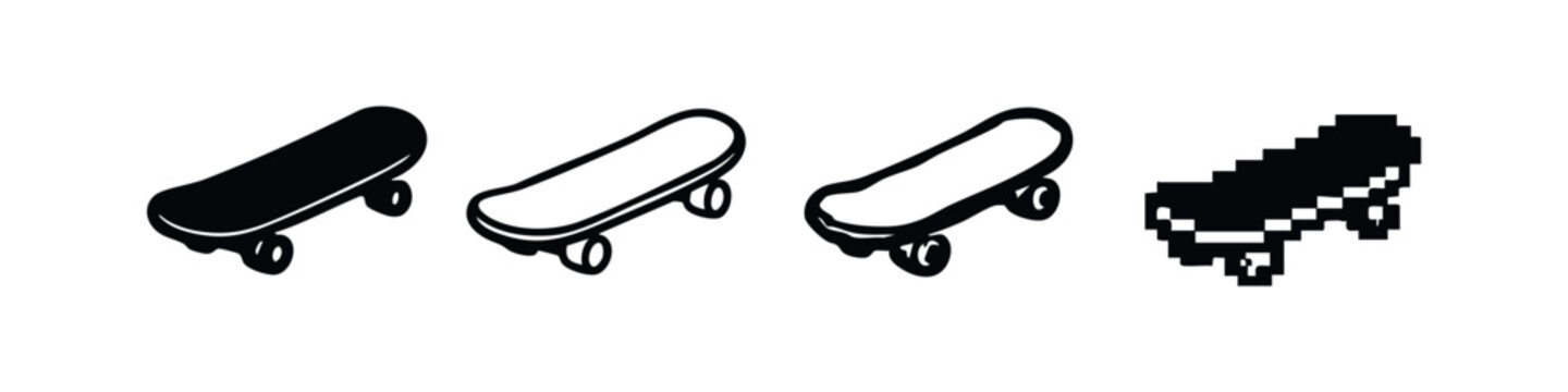 Stylish skateboard graphic icons: classic solid, clean outline, artistic hand-drawn, and pixelated renditions.