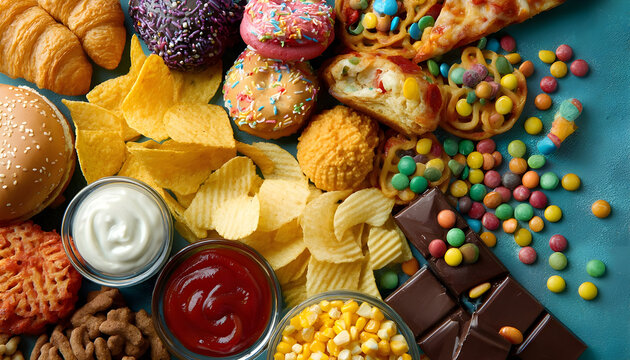 Assortment of colorful processed junk foods creating unhealthy dietary warning display
