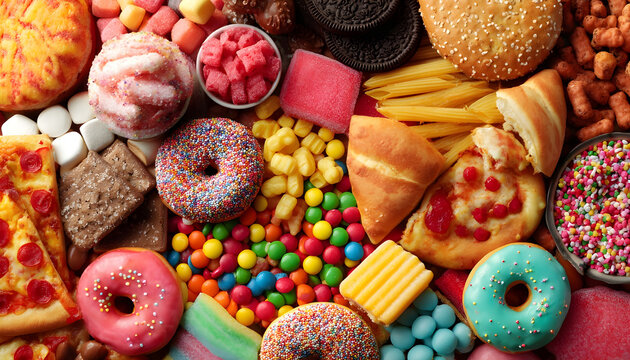 Assortment of colorful processed junk foods creating unhealthy dietary warning display