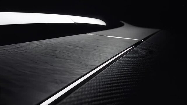 Modern abstract composition featuring carbon fiber, wood grain texture, and a glowing light strip on a dark background.