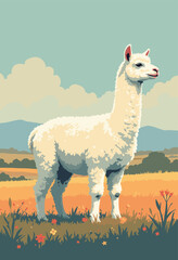 Fototapeta premium alpaca towering over fields, illustrated vertical lines to emphasize height wool texture is crosshatched background is geometric grid fields Room text
