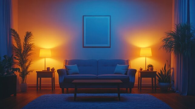 Cozy living room at night, warm lighting