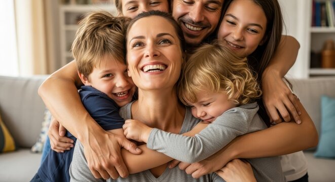 Happy parents and children embracing tightly together in a warm indoor setting
