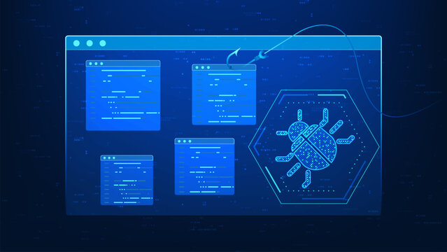 Cyber security technology background featuring a digital bug and phishing hook on a screen, symbolizing malware threats, phishing attacks, data theft, hacking risks, online security protection.