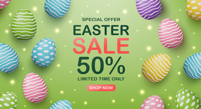 3D vector illustration of colorful patterned Easter eggs frame on green background. Concept for special offer Happy Easter sale 50 percent off discount promotion banner poster template.