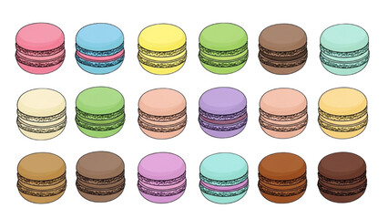 High-quality black outline colorful illustration of macarons arranged in neat grid pattern, modern dessert flat lay composition