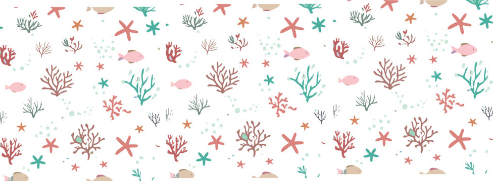 Colorful coral reef seamless vector pattern, ocean marine life background with fish and starfish illustration