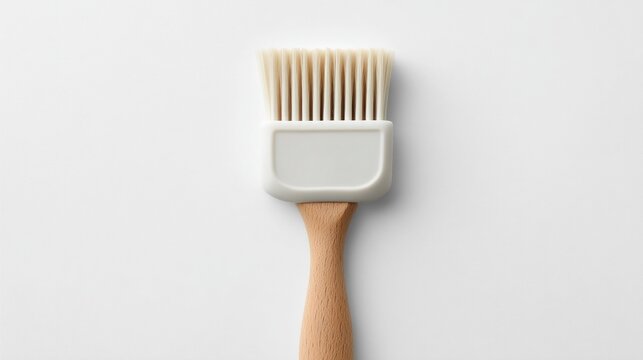 A close-up overhead shot shows a white, rectangular basting brush with a light-colored wooden handle against a plain white background