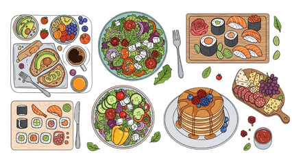 High-quality black outline colorful art of healthy meal prep flat lay with quinoa, grilled vegetables and salmon portions