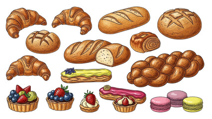 High-quality black outline colorful illustration of fresh bakery items with croissants, artisan bread and assorted pastries, aesthetic arrangement