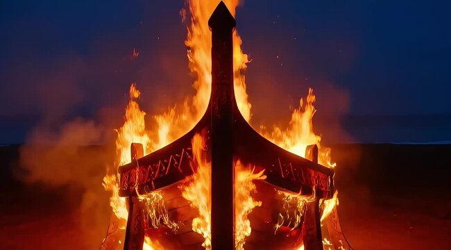 Viking ship burning at night