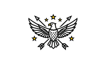 Obraz premium Symbolic eagle emblem with outstretched wings, crossed arrows, and yellow stars, designed for military, government, or patriotic heraldry logos.