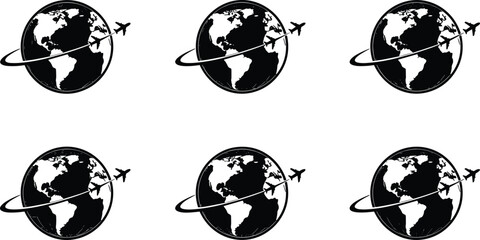 Obraz premium Airplane flying around globe icon set, world travel aviation concept black silhouette vector illustration collection