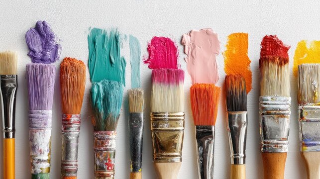 Rows of paintbrushes with daubs of colorful paint on white background, top-down view